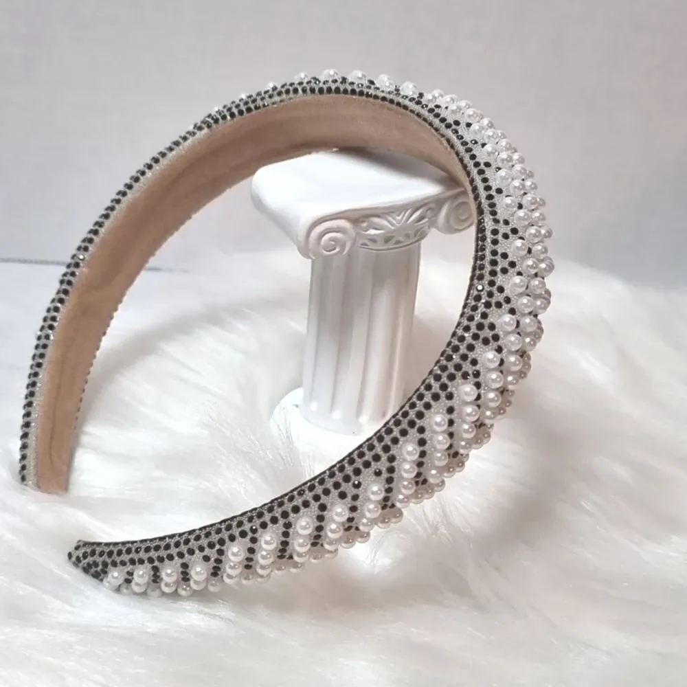 New PEARL BLACK N WHITE BAROQUE  HEADBAND padded geometric chevron